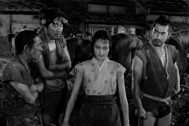 Misa Uehara, Toshiro Mifune, Chiaki Minoru, Kamatari Fujiwara, em cena do filme A Fortaleza Escondida (1958).